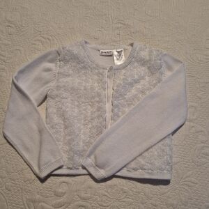 Blueberi Boulevard size 7/8 white cardigan, front is tulle rosettes, GUC